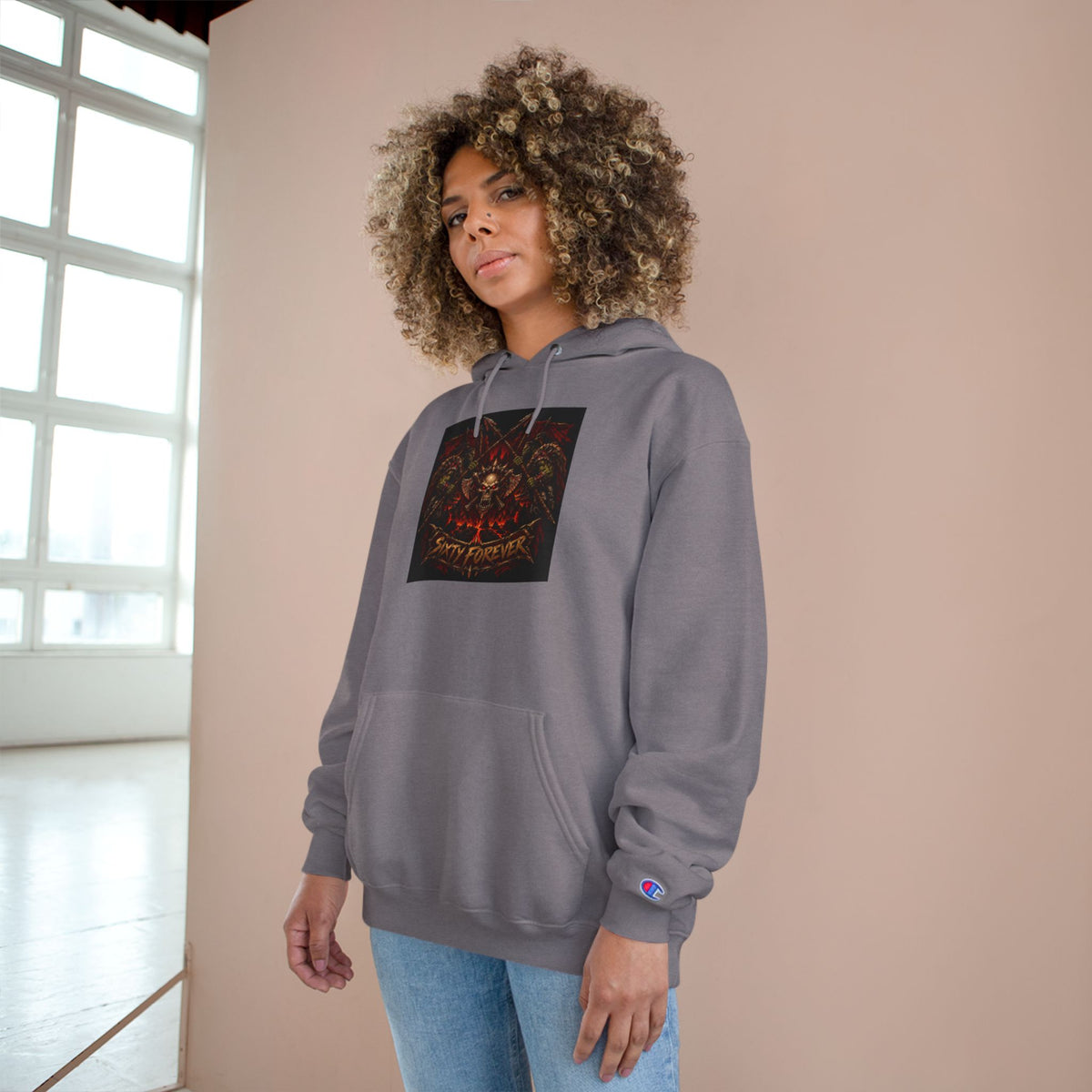 Champion Hoodie — Gothic Floral Skull Graphic Pullover