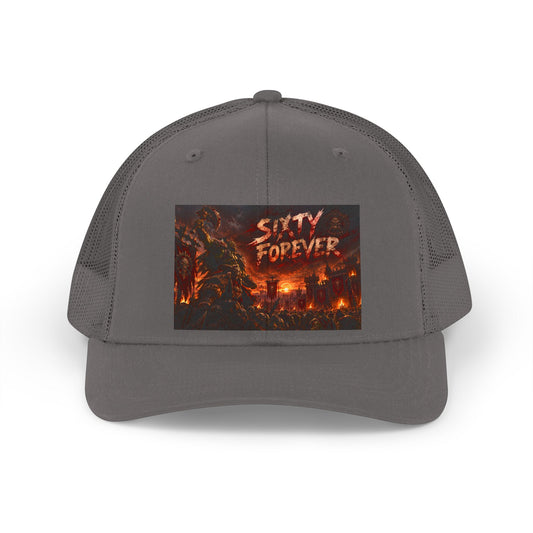 Retro Trucker Hat — "Stay Forever" Vintage Horror Flame Graphic