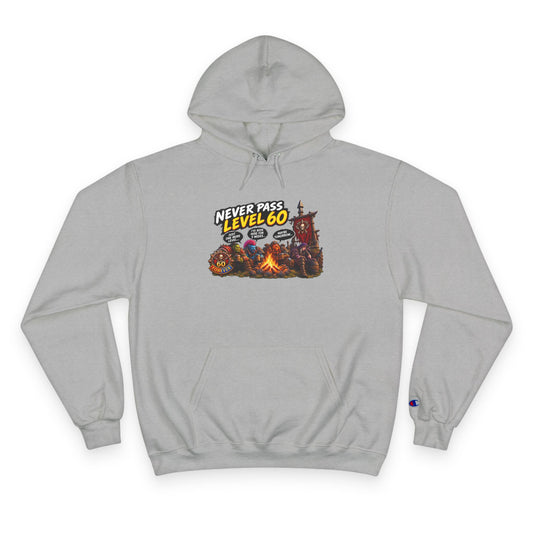 Champion Hoodie - 'Never Pass Level 60' Gamer Campfire Graphic Hoodie