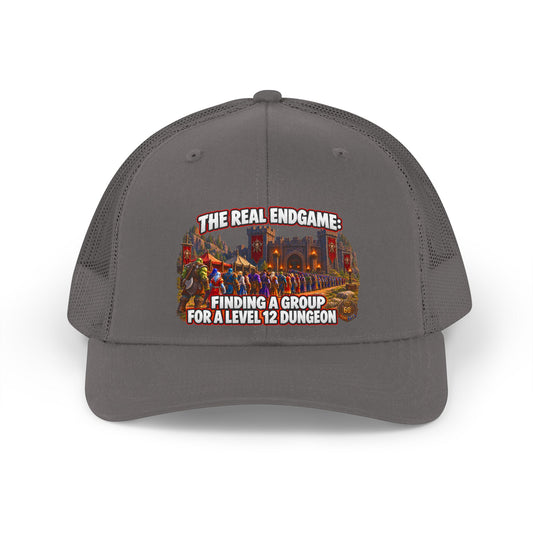 Trucker Hat — “The Real Endgame: Finding a Group for a Level 12 Dungeon” Retro Gaming Cap