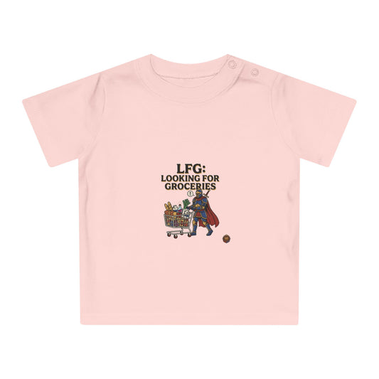 Baby T-Shirt — "LFG: Looking For Groceries" Cute Superhero Grocery Cart Tee