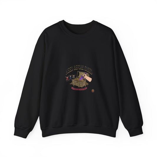 Crewneck Sweatshirt — "Need Before Greed" Chest Graphic (Sustainable Giving Vibe)