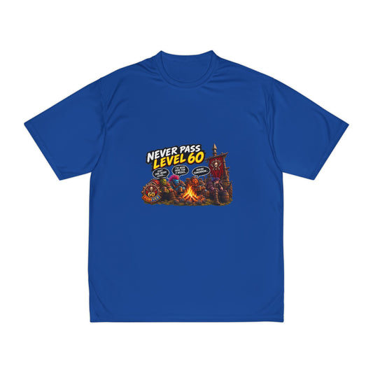 Never Pass Level 60 Gaming T-Shirt — Retro RPG Campfire Design