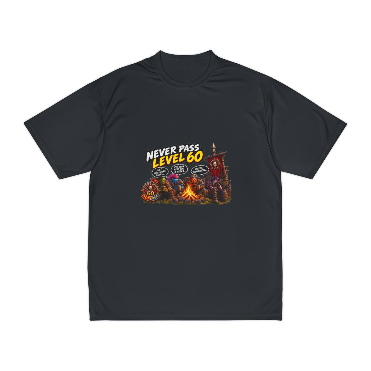 Never Pass Level 60 Gaming T-Shirt — Retro RPG Campfire Design