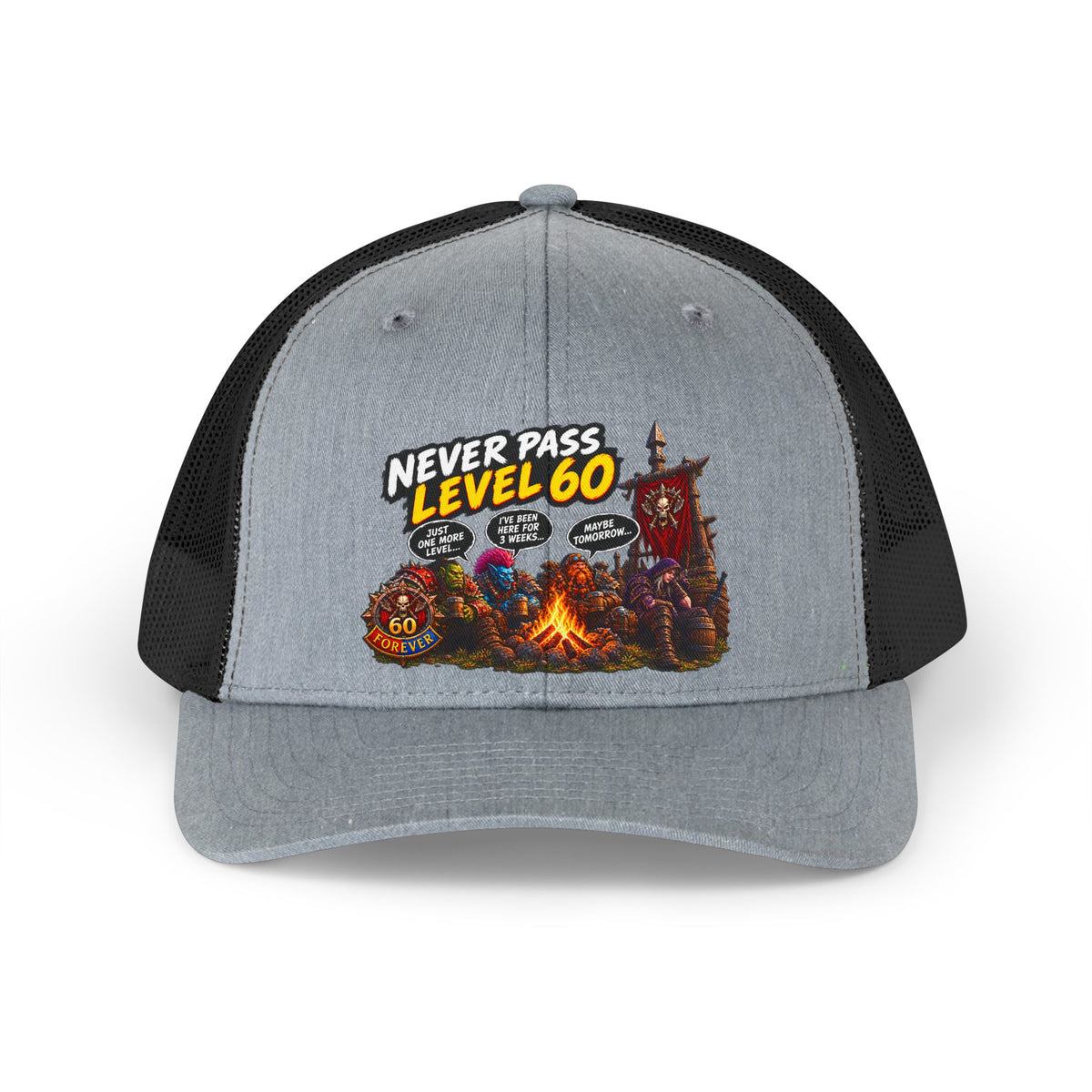 Never Pass Level 60 Trucker Hat — Retro Gamer Camping Design