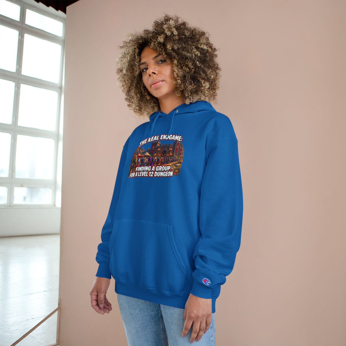Champion Hoodie — "The Real Endgame: Finding a Group for a Level 1-2 Dungeon" Gaming Hoodie