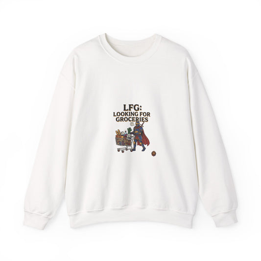 Crewneck Sweatshirt — "LFG: Looking For Groceries" Funny Gamer Shopping Graphic