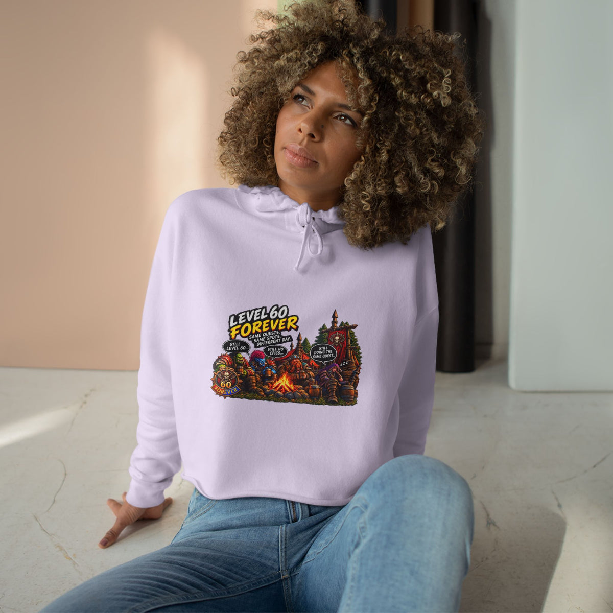 Gaming Camp Crop Hoodie — "Level 60 Forever" Retro RPG Graphic