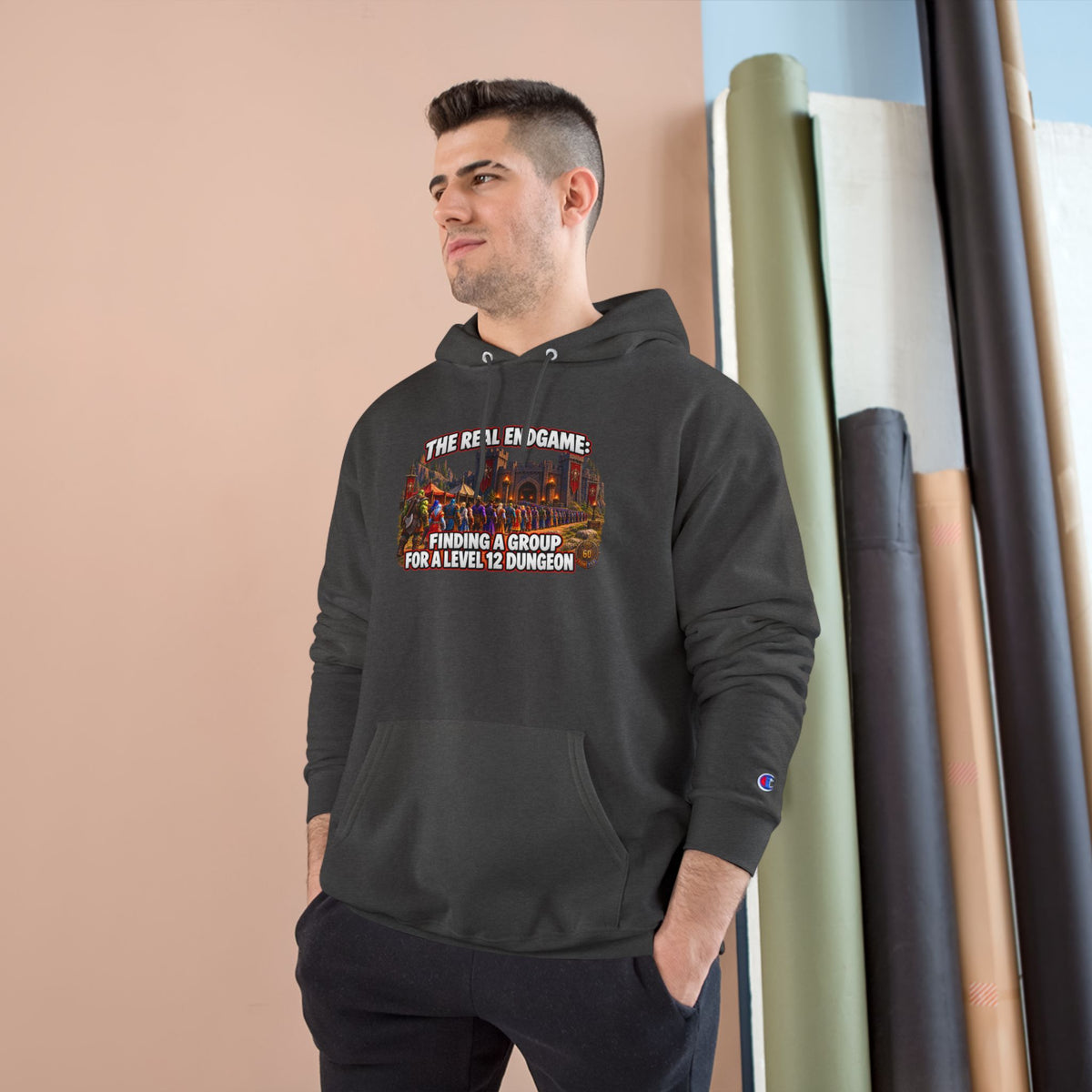 Champion Hoodie — "The Real Endgame: Finding a Group for a Level 1-2 Dungeon" Gaming Hoodie