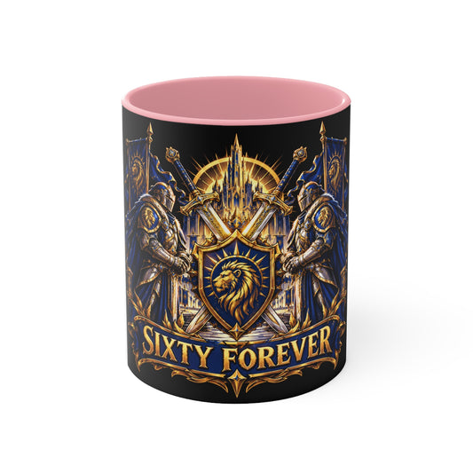 Sixty Forever Accent Mug — Medieval Crest Lion Shield Birthday Coffee Cup