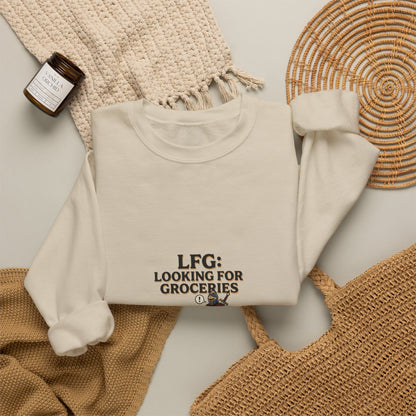 Crewneck Sweatshirt — "LFG: Looking For Groceries" Funny Gamer Shopping Graphic