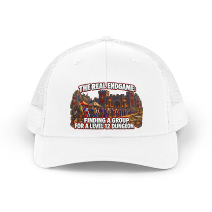 Trucker Hat — “The Real Endgame: Finding a Group for a Level 12 Dungeon” Retro Gaming Cap