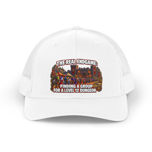 Trucker Hat — “The Real Endgame: Finding a Group for a Level 12 Dungeon” Retro Gaming Cap