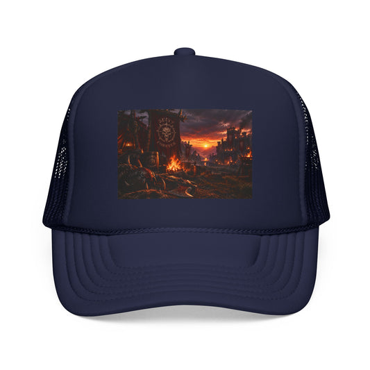 Post-Apocalyptic Campfire Foam Trucker Hat – Dark Dystopian Landscape