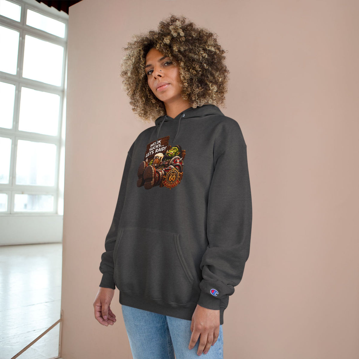 Champion Hoodie — 'Work Hard, Play Hard' Retro Thanksgiving Harvest Graphic