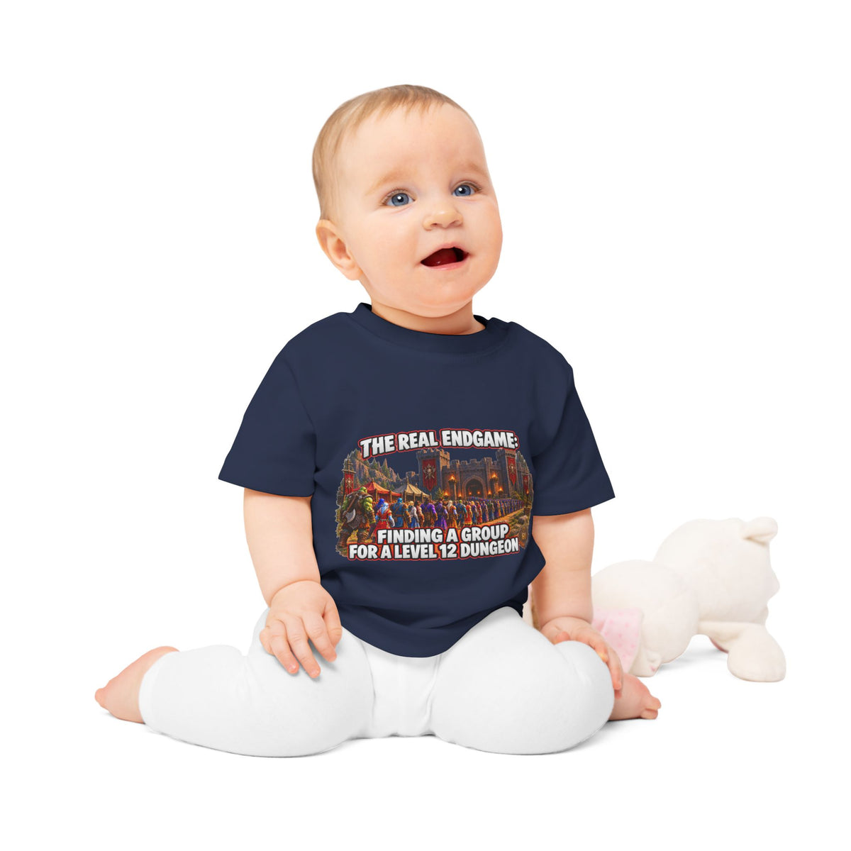 Baby T-Shirt – “The Real Endgame: Finding A Group For A Level 12 Dungeon” Gamer Onesie