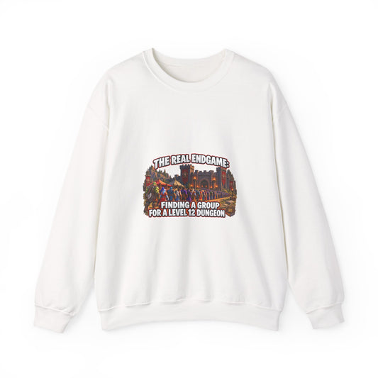 Gaming Crewneck Sweatshirt — "The Real Endgame: Finding a Group for a Level 12 Dungeon"