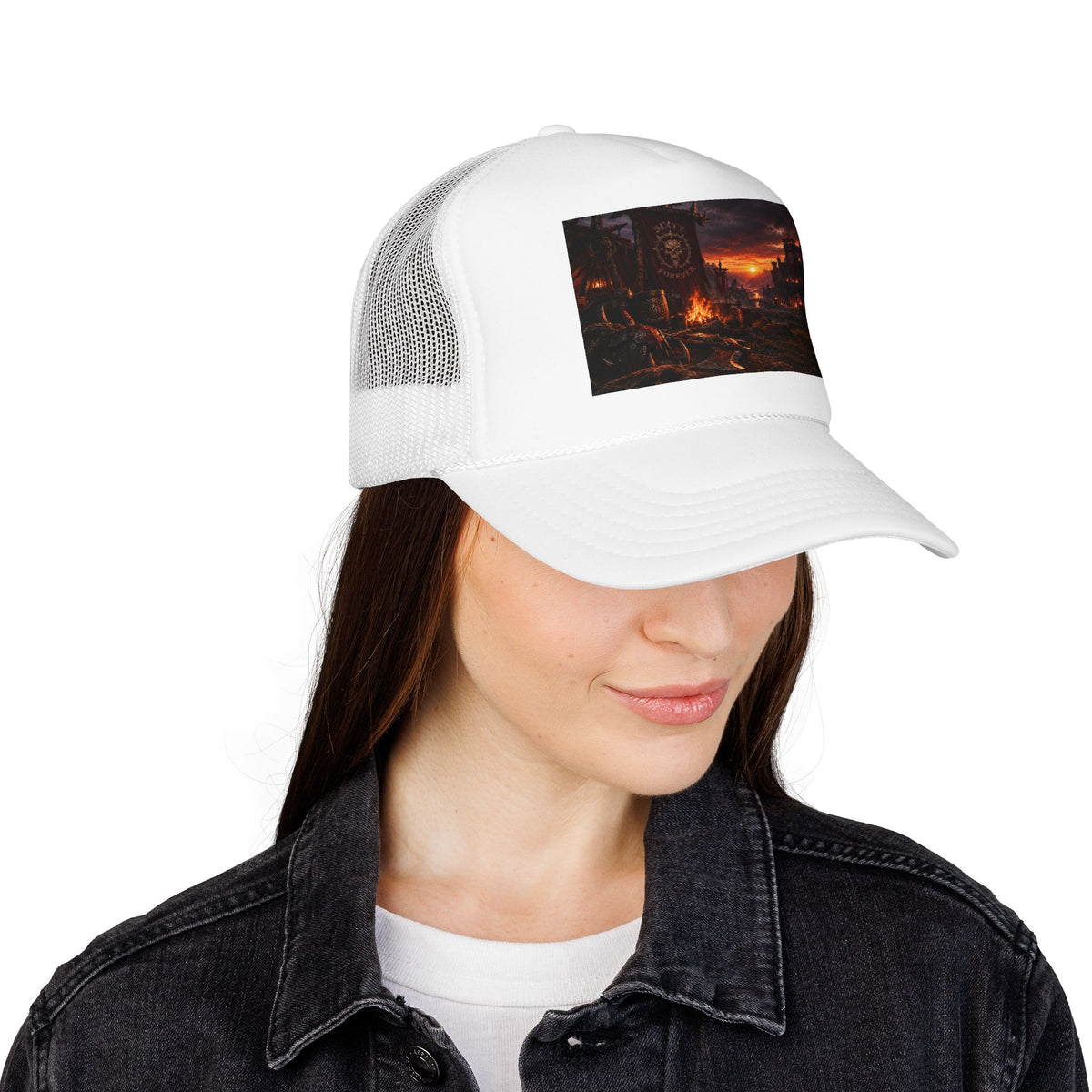 Post-Apocalyptic Campfire Foam Trucker Hat – Dark Dystopian Landscape