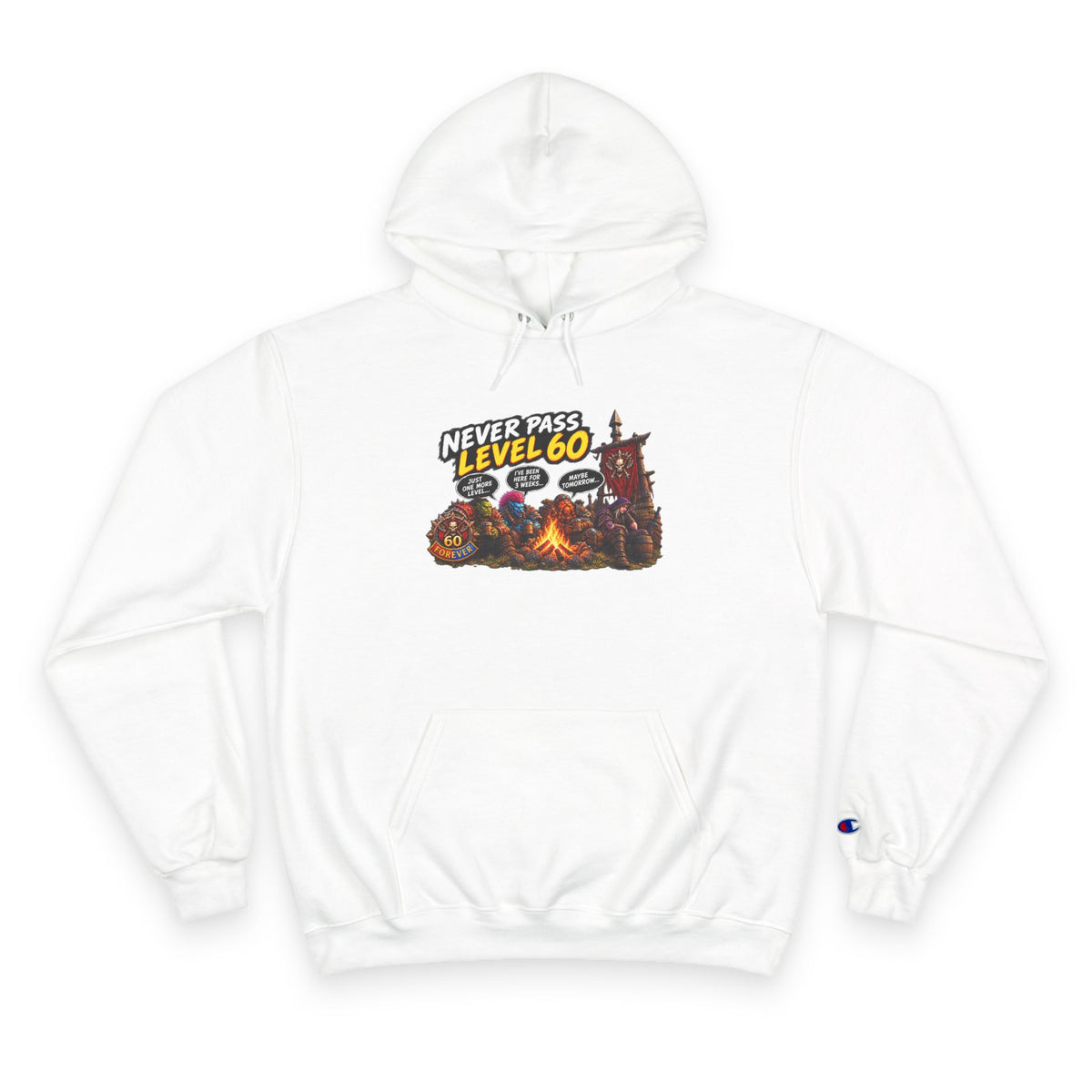 Champion Hoodie - 'Never Pass Level 60' Gamer Campfire Graphic Hoodie