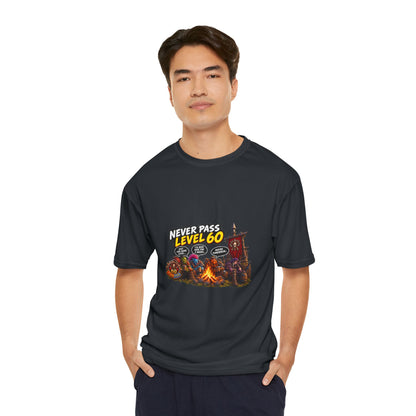 Never Pass Level 60 Gaming T-Shirt — Retro RPG Campfire Design