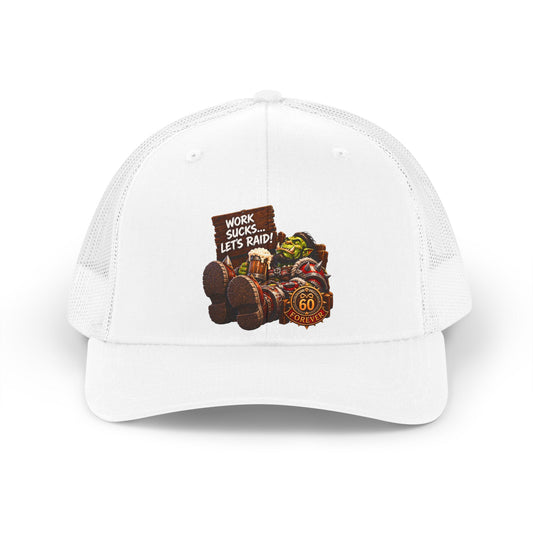 Retro Trucker Hat — "Work Sucks, Let's Raid!" Vintage Gamer Road Trip Cap
