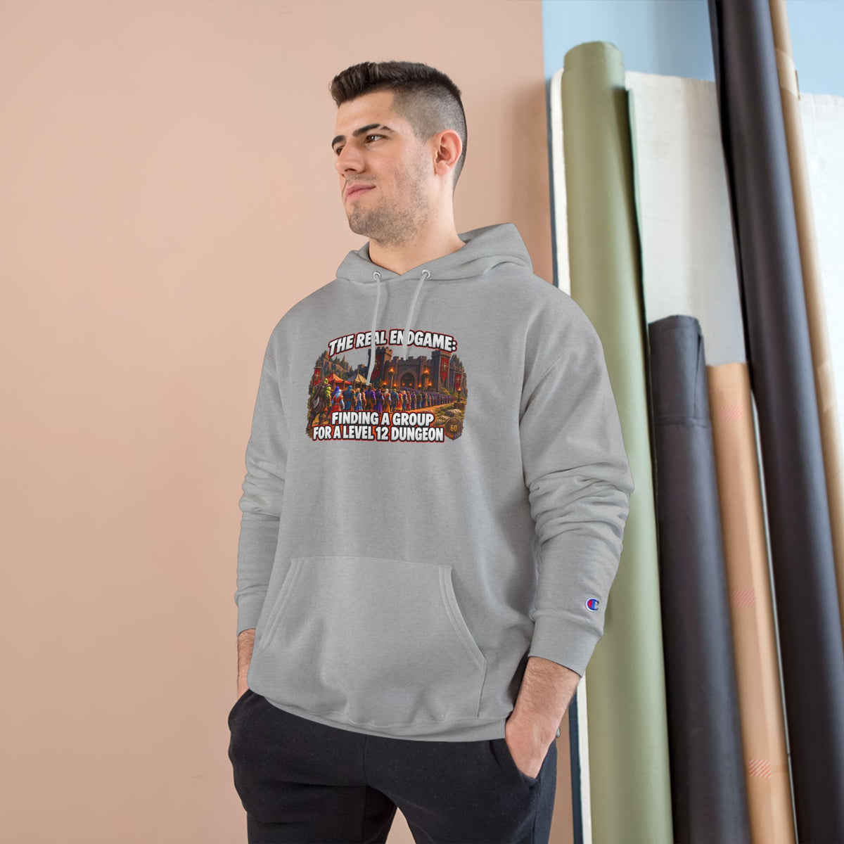 Champion Hoodie — "The Real Endgame: Finding a Group for a Level 1-2 Dungeon" Gaming Hoodie