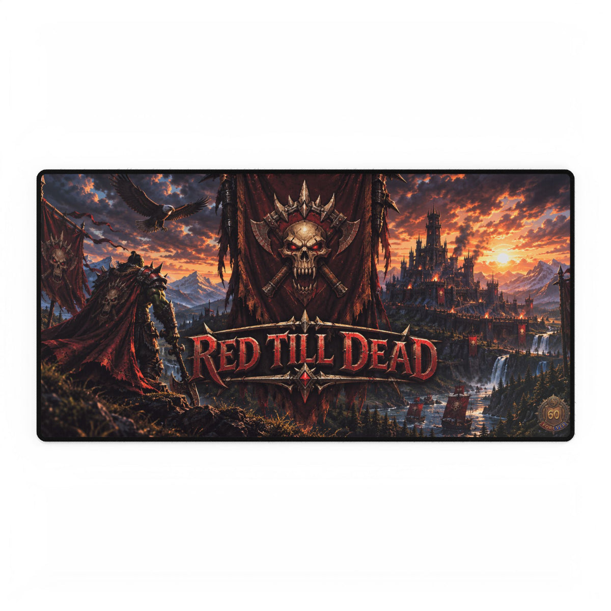 Red Till Dead Gaming Desk Mat — Dark Fantasy Skull Banner Mouse Pad