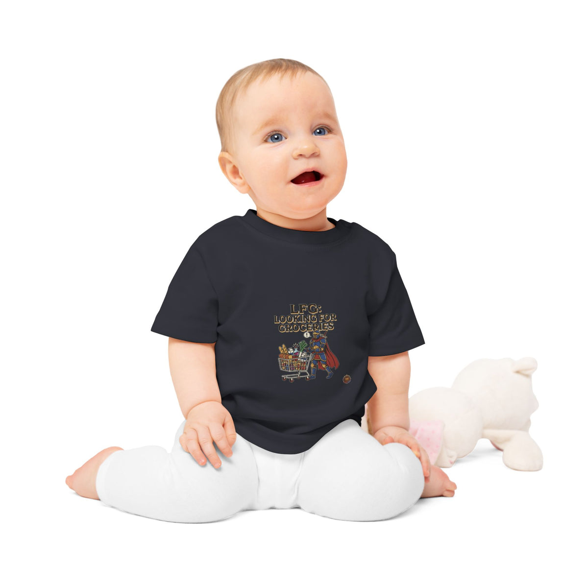 Baby T-Shirt — "LFG: Looking For Groceries" Cute Superhero Grocery Cart Tee