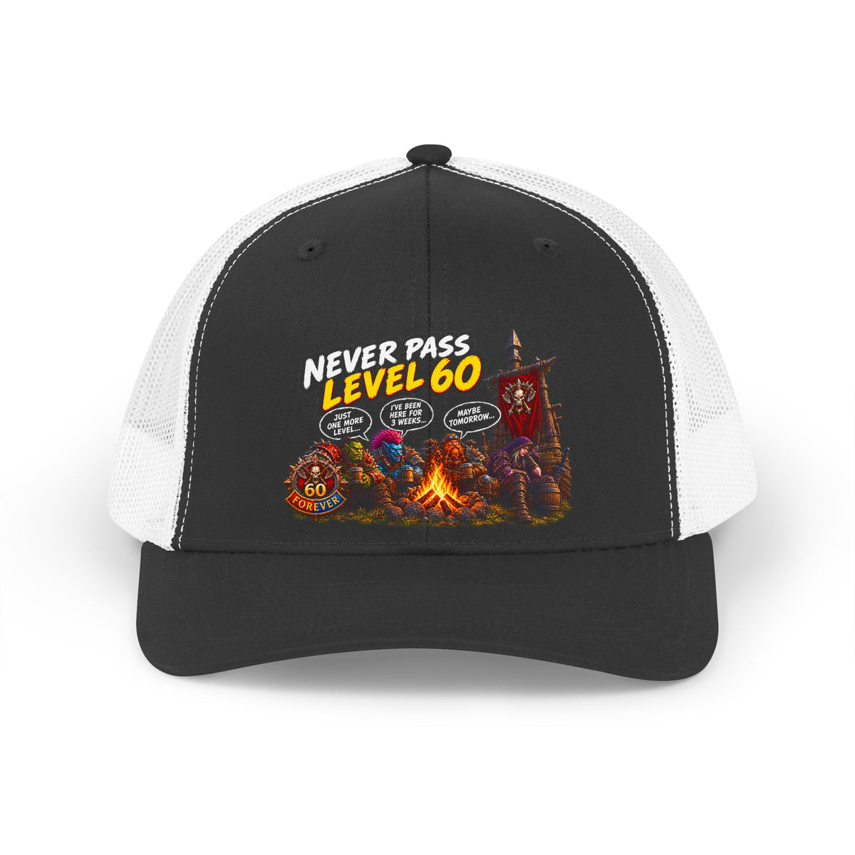 Never Pass Level 60 Trucker Hat — Retro Gamer Camping Design