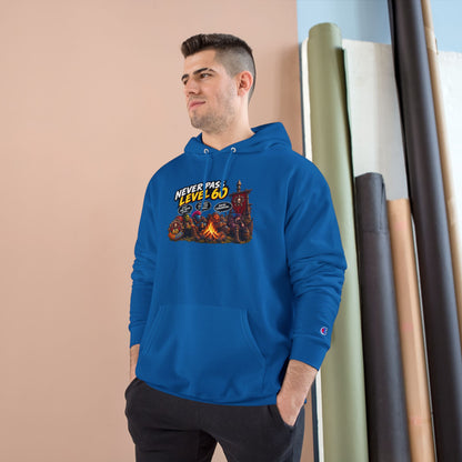 Champion Hoodie - 'Never Pass Level 60' Gamer Campfire Graphic Hoodie