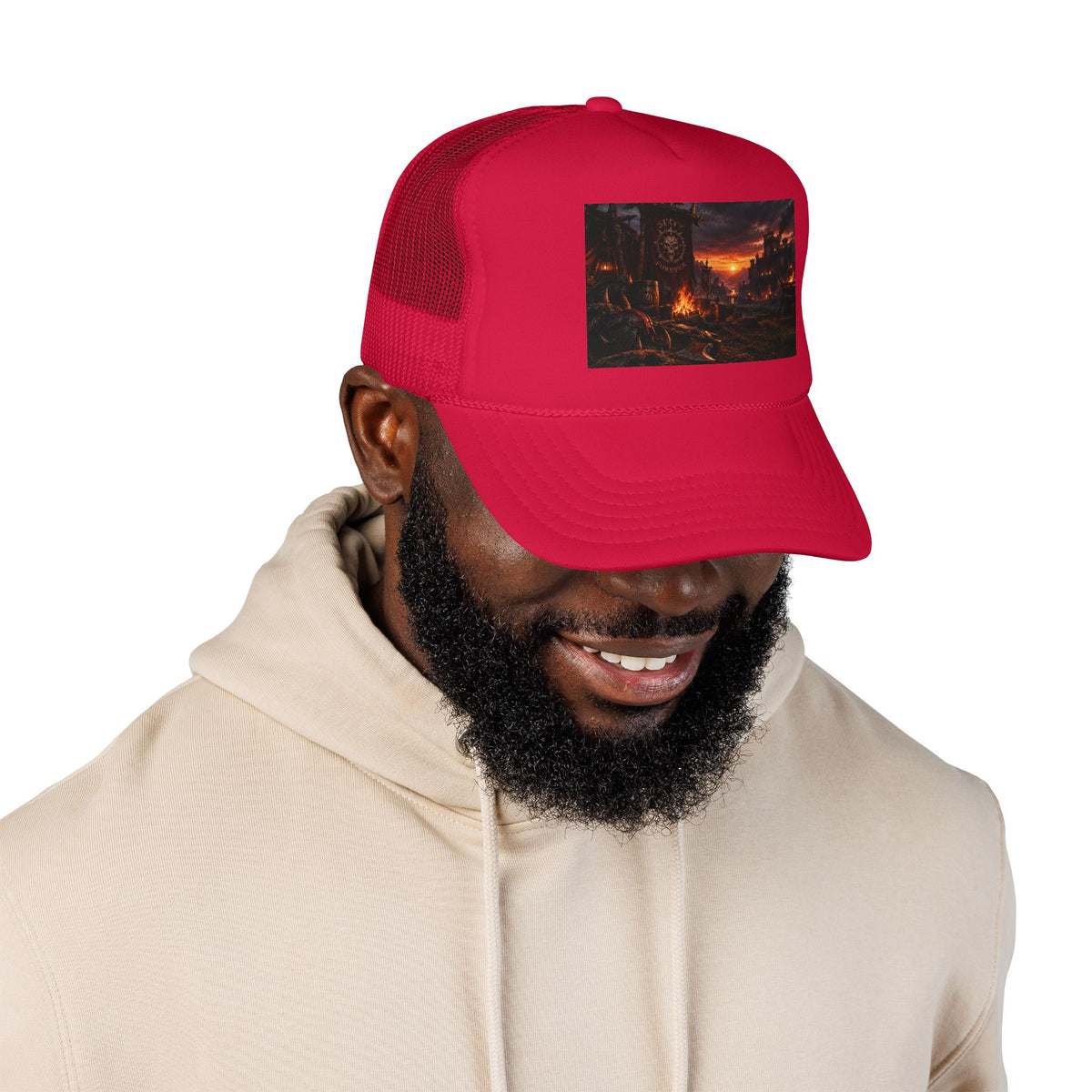 Post-Apocalyptic Campfire Foam Trucker Hat – Dark Dystopian Landscape