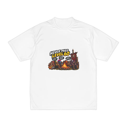 Never Pass Level 60 Gaming T-Shirt — Retro RPG Campfire Design