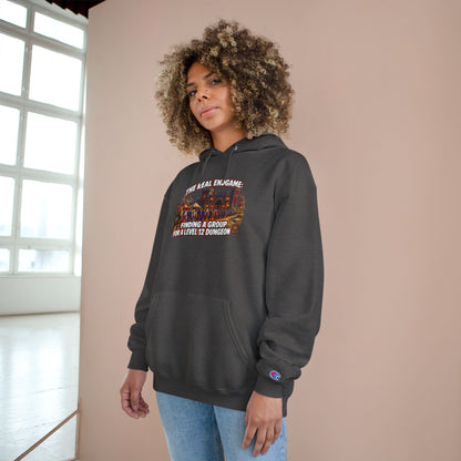 Champion Hoodie — "The Real Endgame: Finding a Group for a Level 1-2 Dungeon" Gaming Hoodie