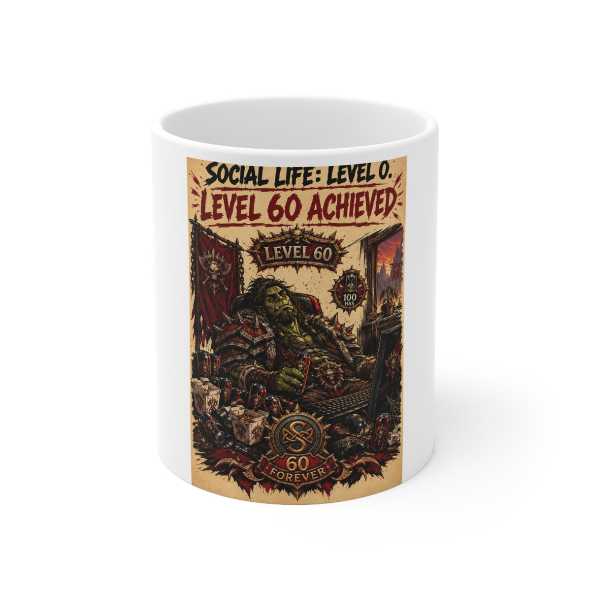 Social Life: Level 0 — Level 60 Achieved (Skull Banner) – White Mug (11oz)
