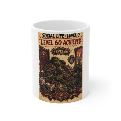Social Life: Level 0 — Level 60 Achieved (Skull Banner) – White Mug (11oz)