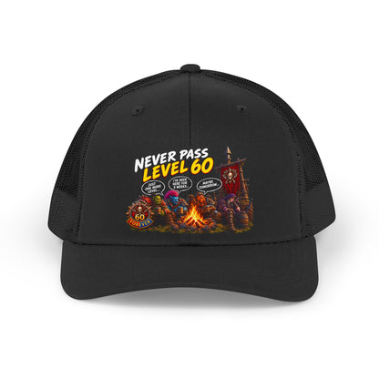 Never Pass Level 60 Trucker Hat — Retro Gamer Camping Design