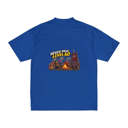 Never Pass Level 60 Gaming T-Shirt — Retro RPG Campfire Design