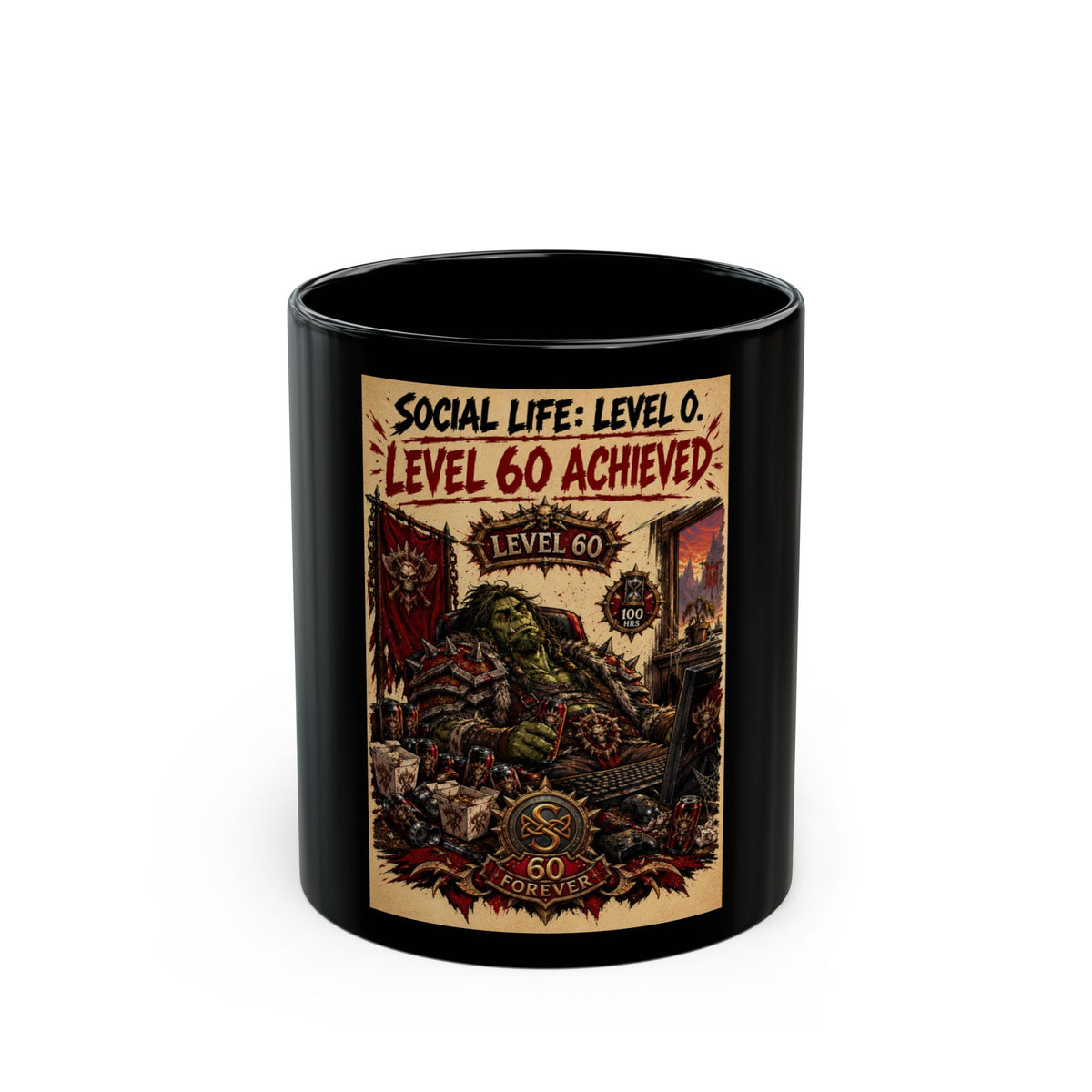 Social Life: Level 0 — Level 60 Achieved (Skull Banner) – Black Mug (11oz & 15oz)
