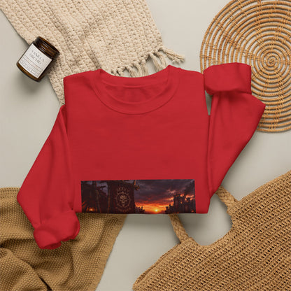 Apocalyptic Cityscape Crewneck Sweatshirt — Dystopian Sunset Graphic