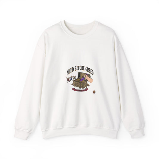 Crewneck Sweatshirt — "Need Before Greed" Chest Graphic (Sustainable Giving Vibe)
